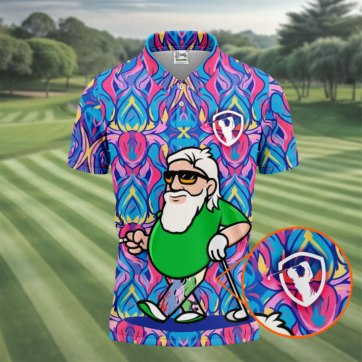 Colorful Psychedelic Santa Golfer Print Men's Golf Shirt, Mens Golf Apparel, Hawaiian Golf Shirt