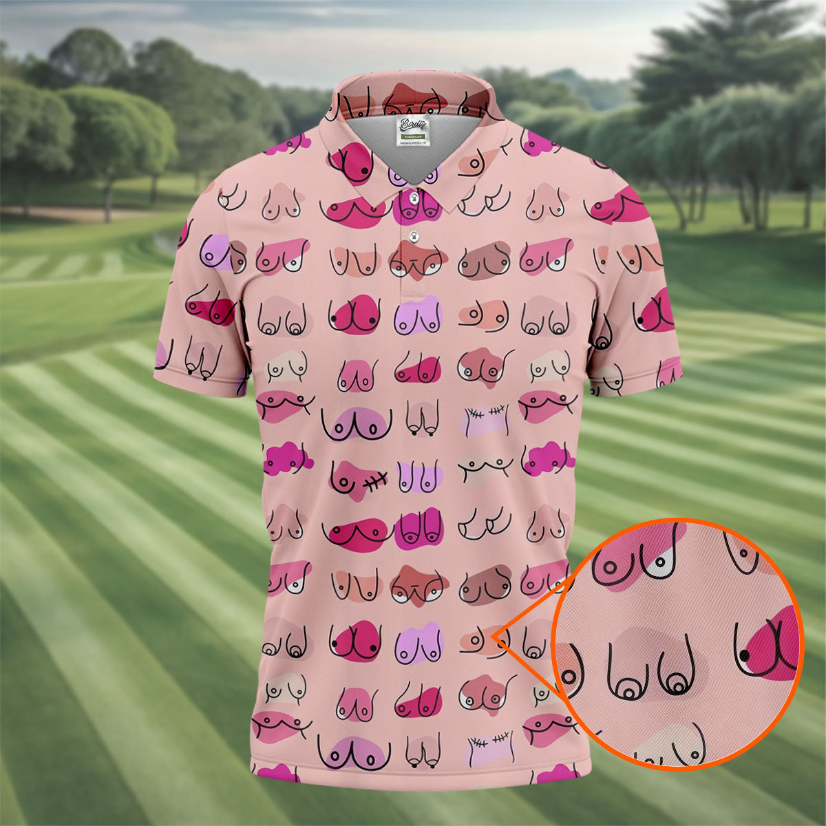 Pink Funny Boob Pattern Golf Polo Shirt, Men's Golf Shirts, Printed Golf Shirts