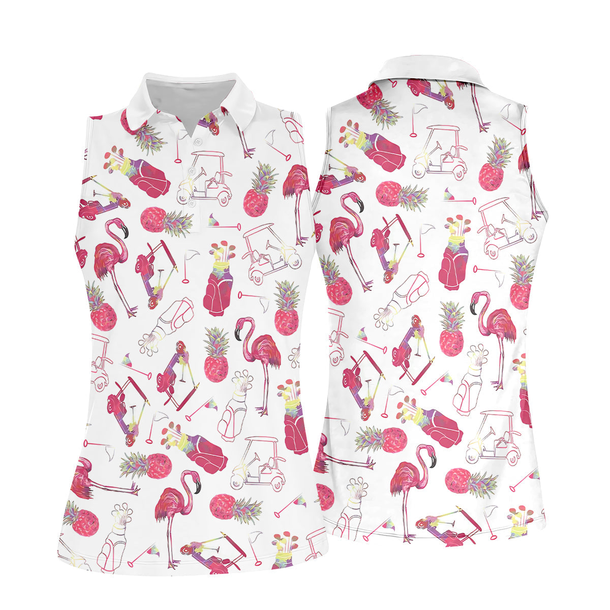 Flamingo Golf Pineapple Funny Womens Golf Polo Shirt, Custom Ladies Golf Shirt