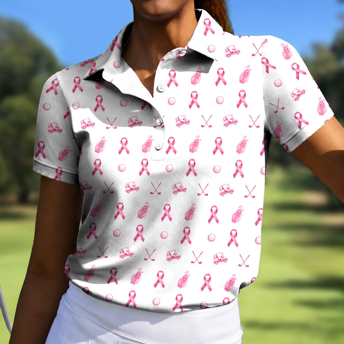 FREE SOCKS Pink Ribbon Women Golf Shirt, Breast Cancer Golf Shirt, Breast Cancer Awareness Shirts, Ladies Golf Shirt