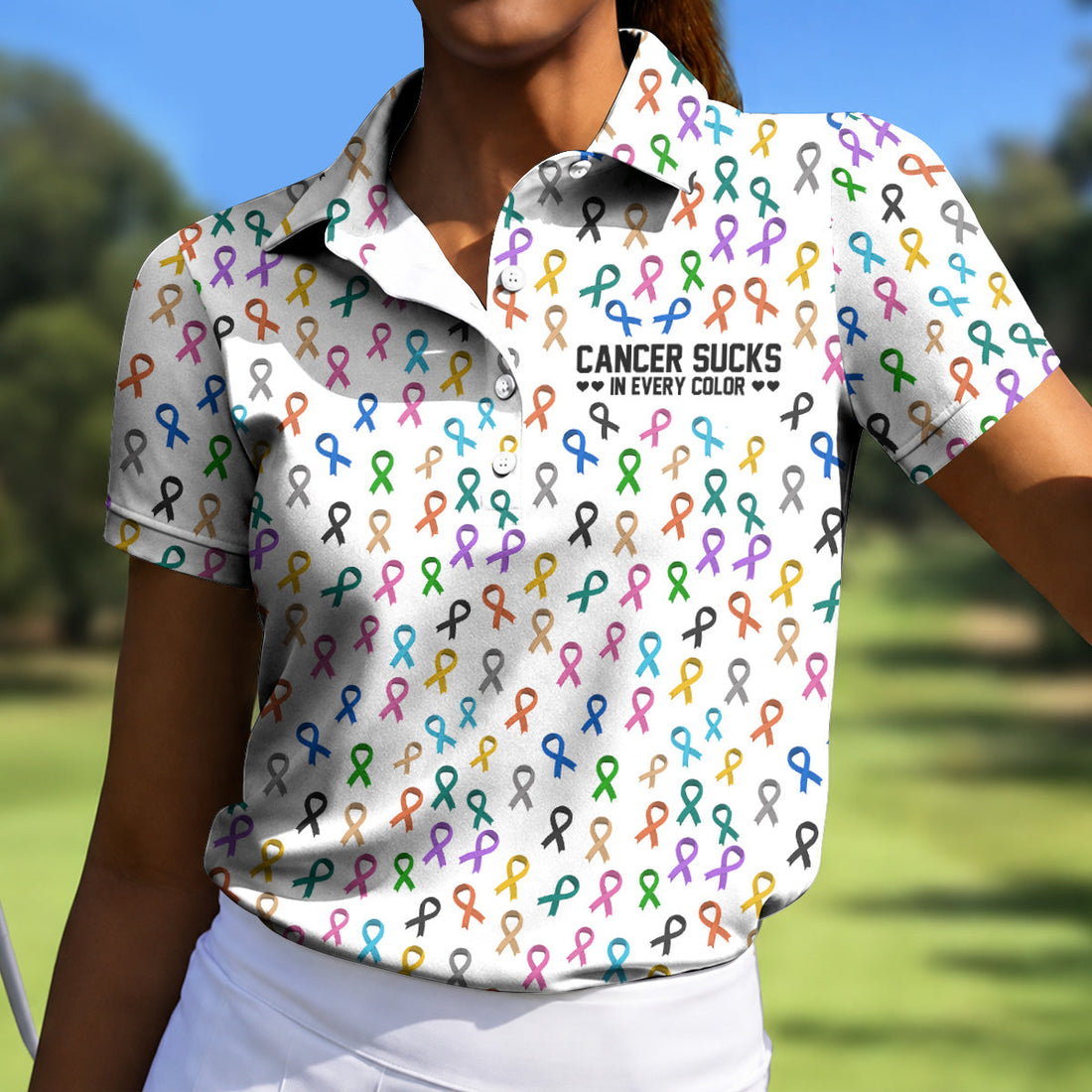 FREE SOCKS Cancer Sucks In Every Color Women Golf Shirt, Cancer Awareness Shirt, Cancer Survivor Shirt, Golf Gift For Women