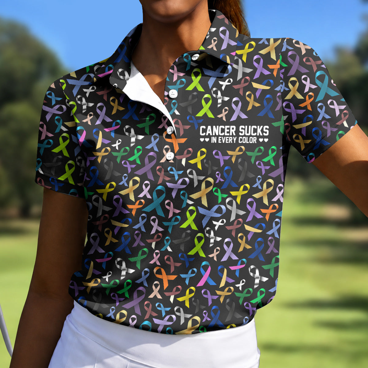 Cancer Sucks In Every Color Women Golf Top, Cancer Awareness Shirt, Cancer Survivor Shirt Ladies Golf Shirts