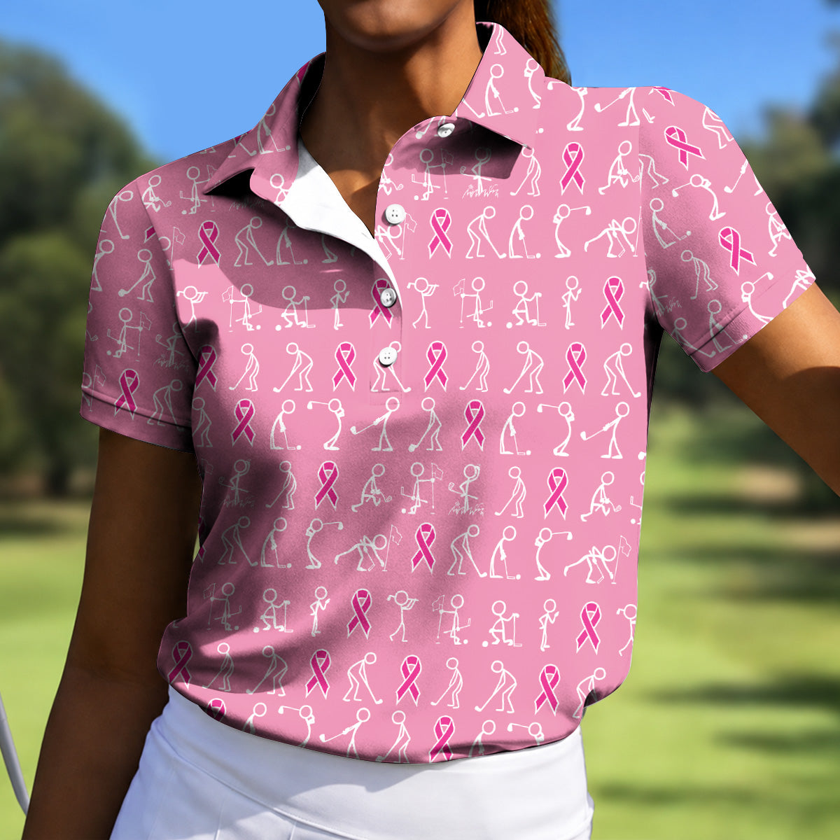FREE SOCKS Funny Stick Figure Womens Golf Shirt, Breast Cancer Awareness Shirt, Pink Golf Shirt, Ladies Golf Shirt