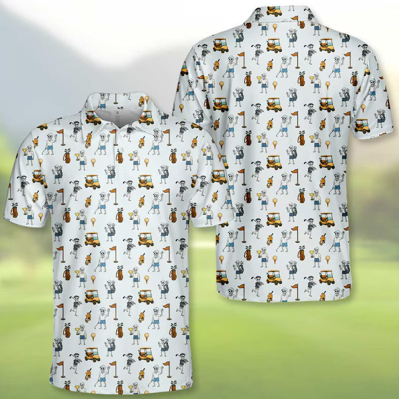 Funny Skeleton Patterned Golf Shirts, Skull Golf Shirt, Halloween Golf Gift Ideas For Him, Spooky Golf Men Golf Polo