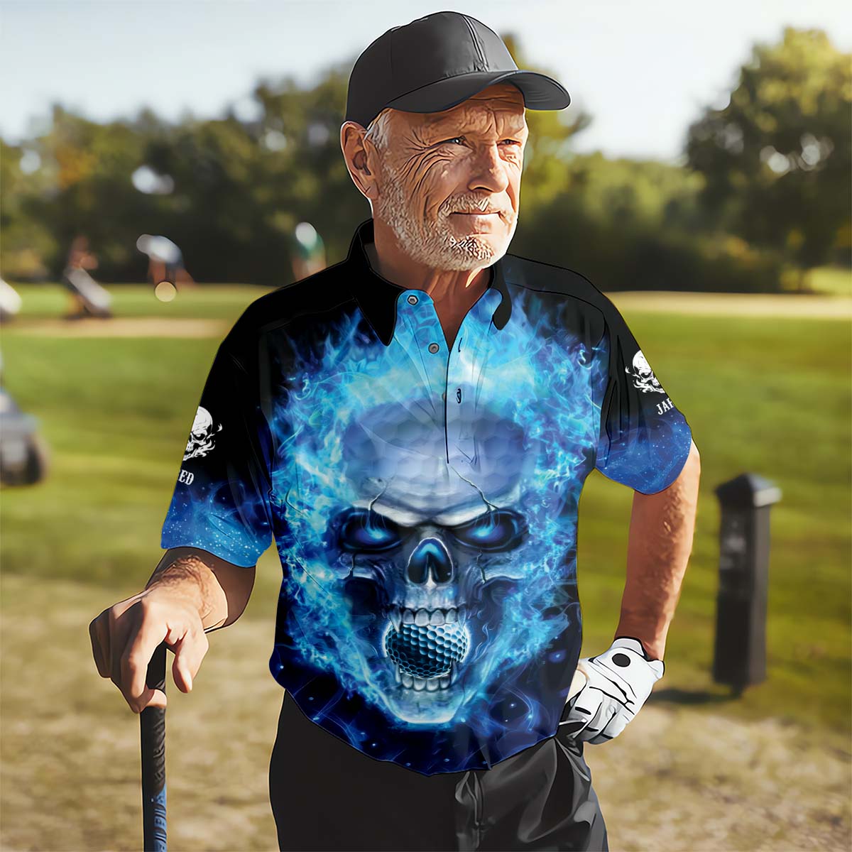 Hello Darkness My Old Friend Blue Flame Skull Golf Polo Shirt, Golf Apparel, Golf Gift For Men
