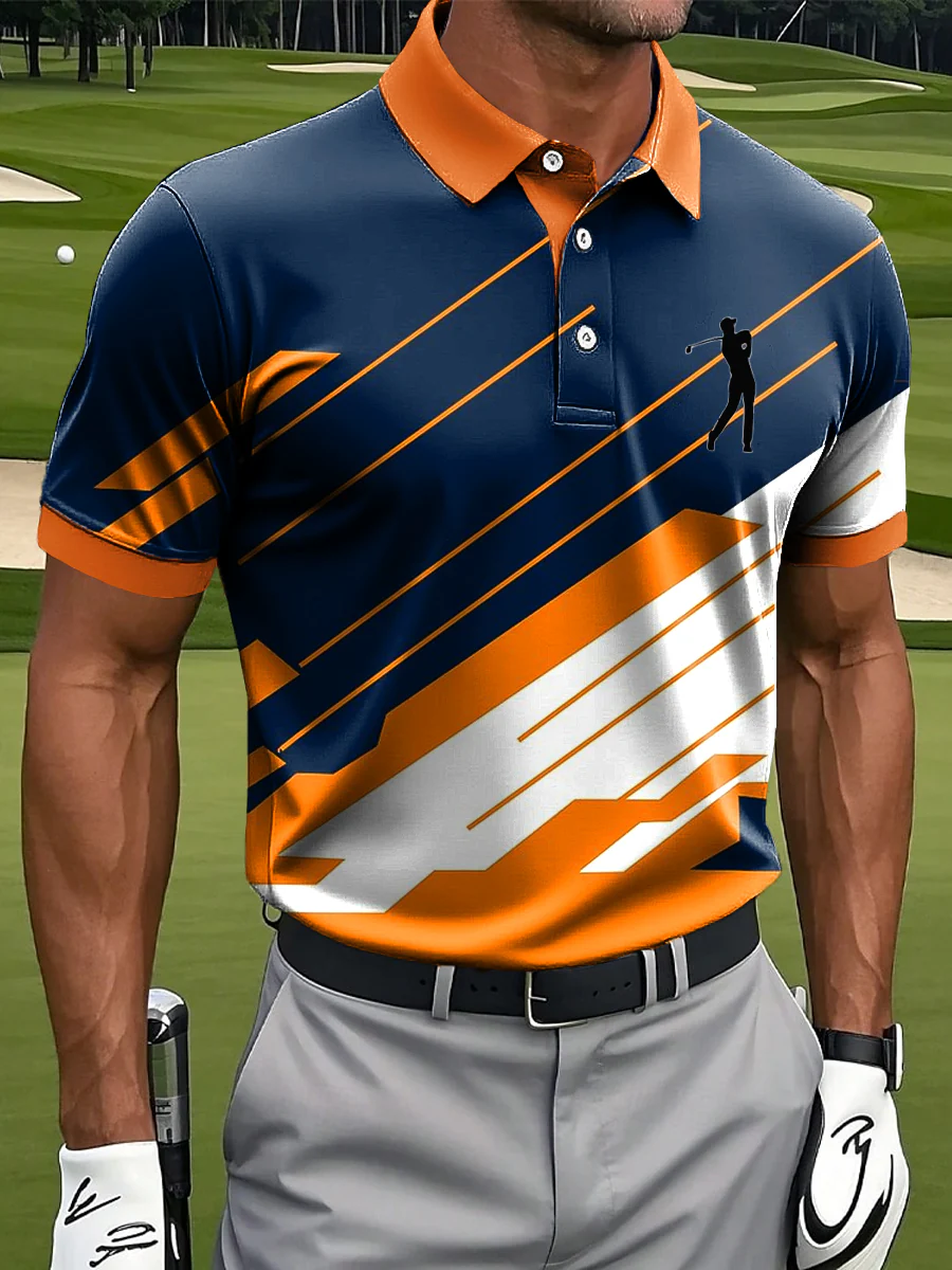 Men's Abstract Geometric Art Print Casual Business Polo Shirt, Polo Shirts For Men, Golf Gift For Men