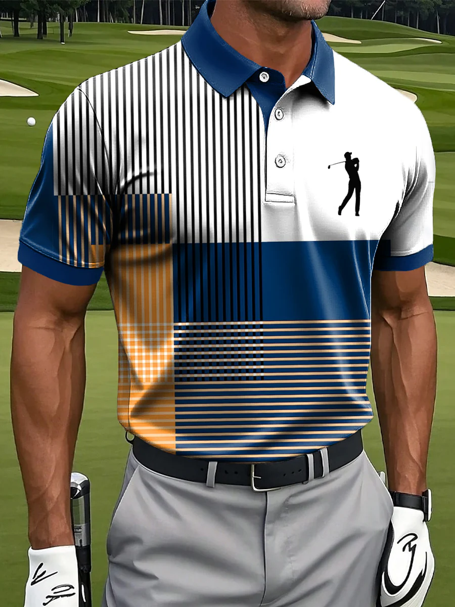 Classic Stripe Patchwork Art Print Casual Business Polo Shirt, Polo Shirts For Men, Golf Gift For Men