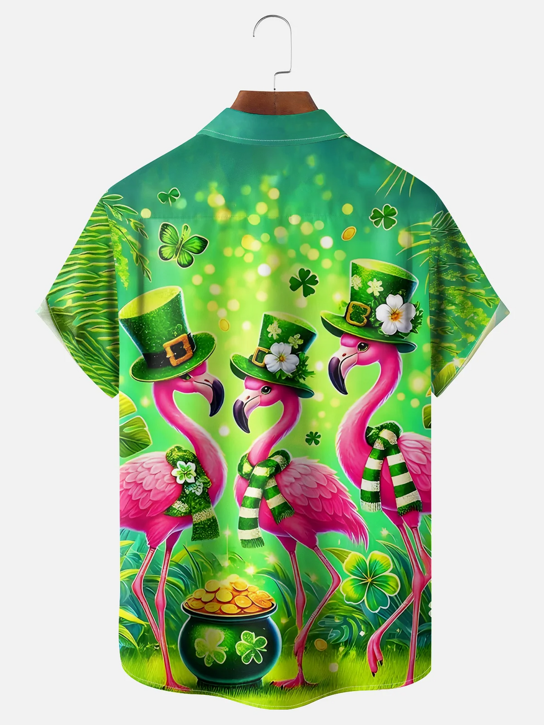 St. Patrick's Day Four Leaf Clover Flamingo Hawaiian Golf Shirt, Funny Flamingo Men's Golf Shirt