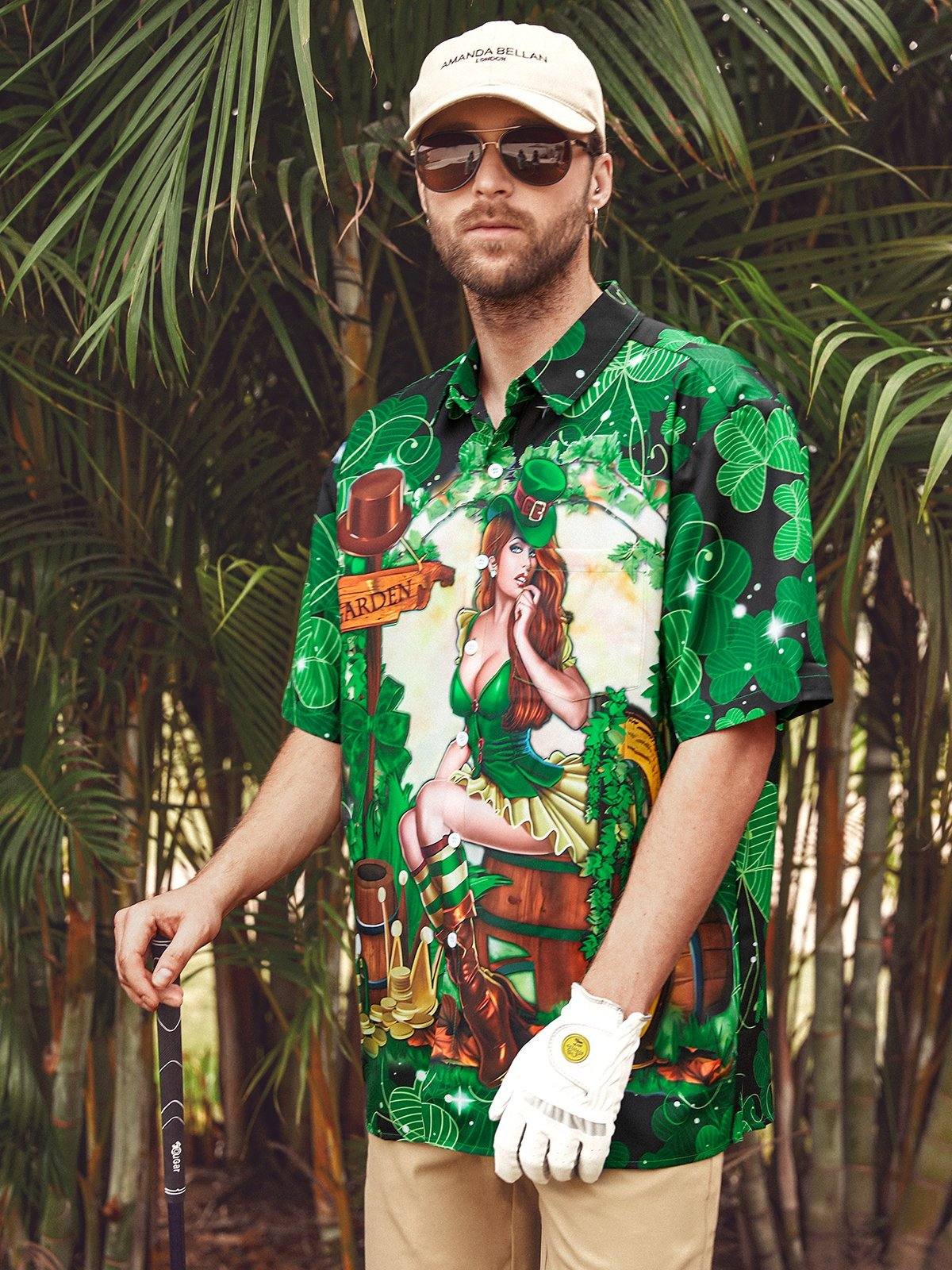 Green St. Patrick's Day Lucky Clover Gold Coins Beauty Hawaiian Golf Shirt, Tropical Vibe Men's Golf Shirt