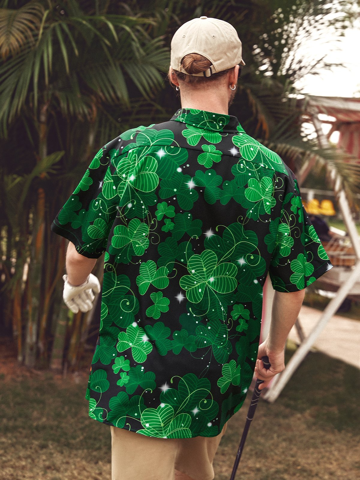 Green St. Patrick's Day Lucky Clover Gold Coins Beauty Hawaiian Golf Shirt, Tropical Vibe Men's Golf Shirt