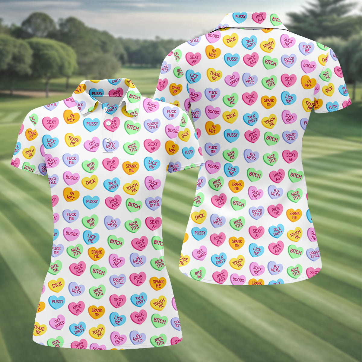Naughty Conversation Hearts Fun Women's Golf Shirts, Valentines Golf Gift, Dirty Candy Heart  Ladies Golf Polos