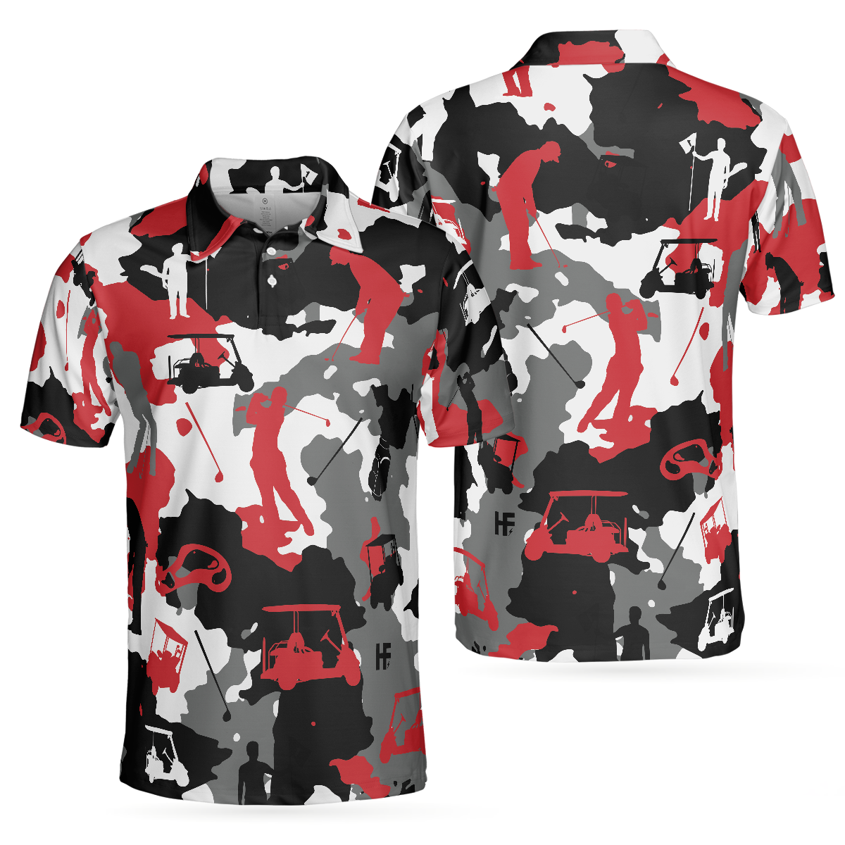 Red Black And White Camouflage Golf Polo Shirt, Golfing Apparel, Golf Clothing, Mens Golf Gift