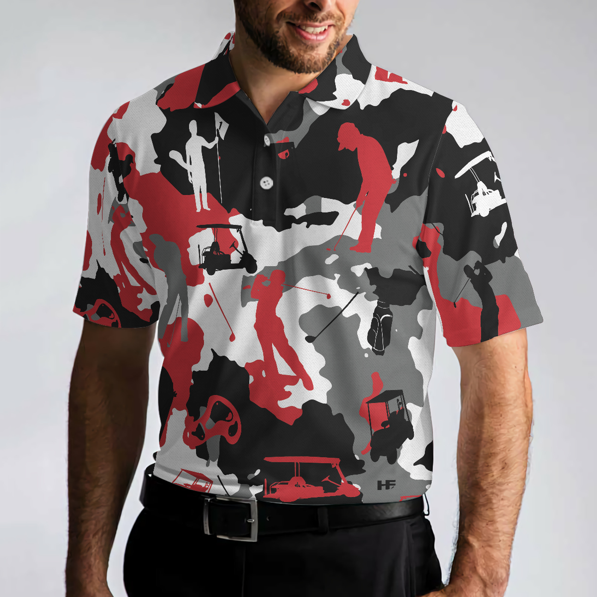 Red Black And White Camouflage Golf Polo Shirt, Golfing Apparel, Golf Clothing, Mens Golf Gift