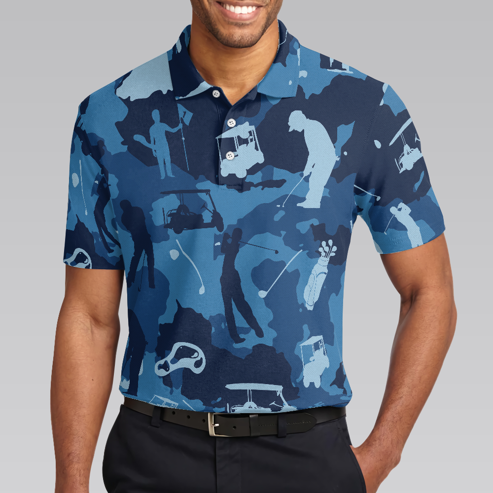 Blue Camouflage Golf Polo Shirt, Golfing Apparel, Golf Clothing, Mens Golf Gift