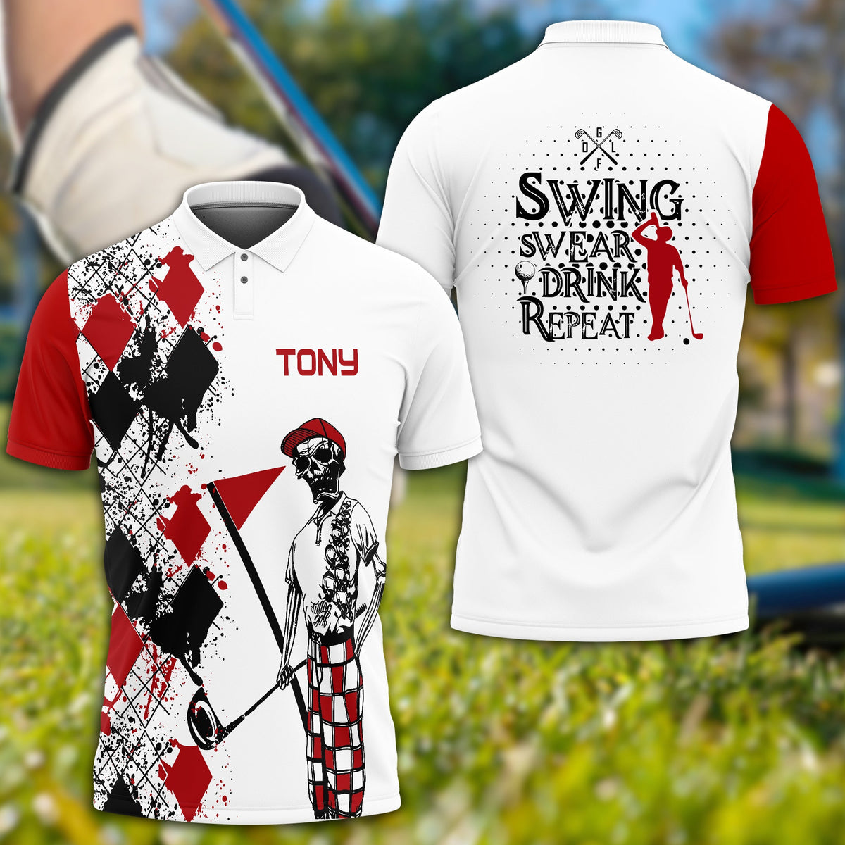 Swing Swear Drink Repeat Personalized Name 3D Golf Polo Shirt, Golf Shirt, Gift For Golfers