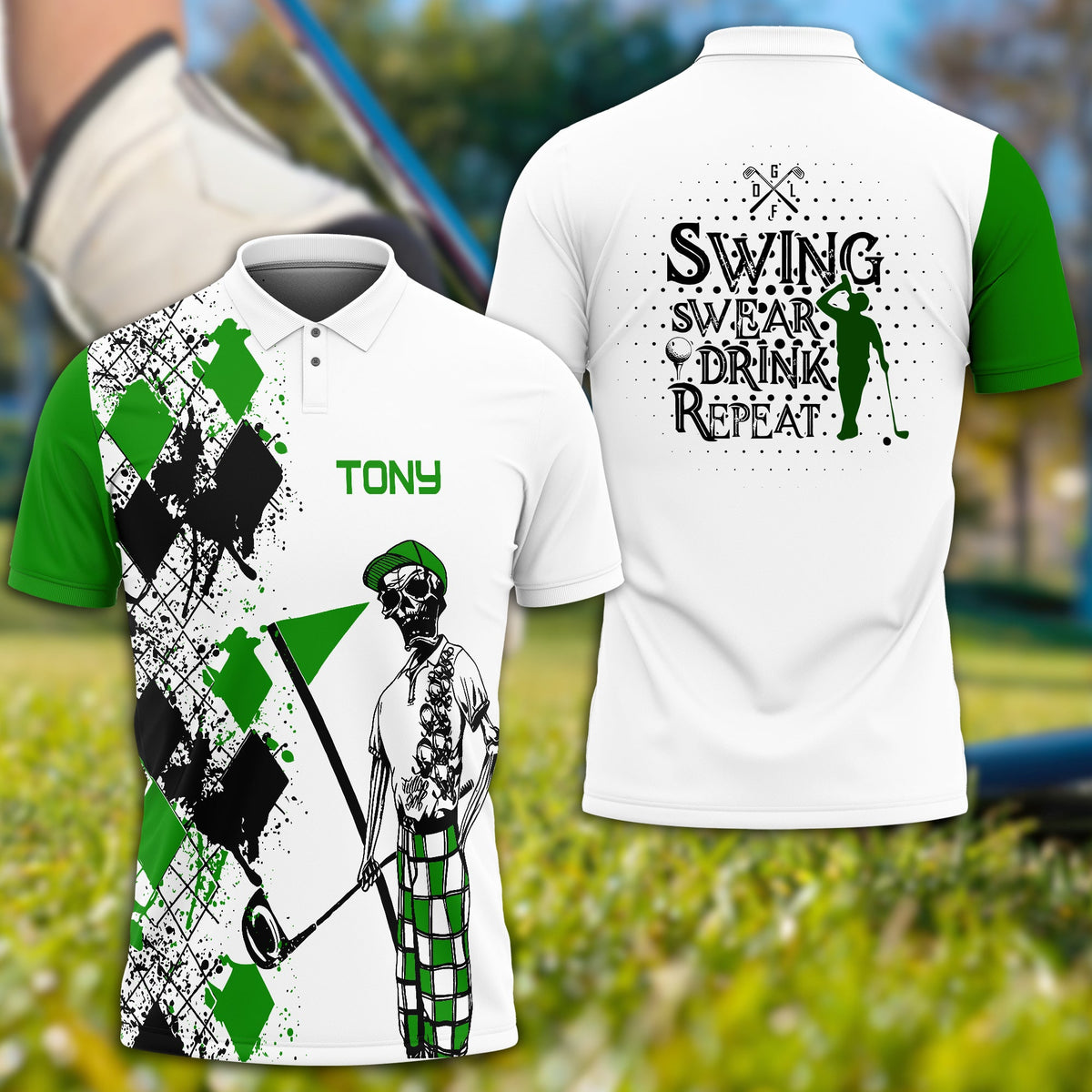 Swing Swear Drink Repeat Personalized Name 3D Golf Polo Shirt, Golf Shirt, Gift For Golfers