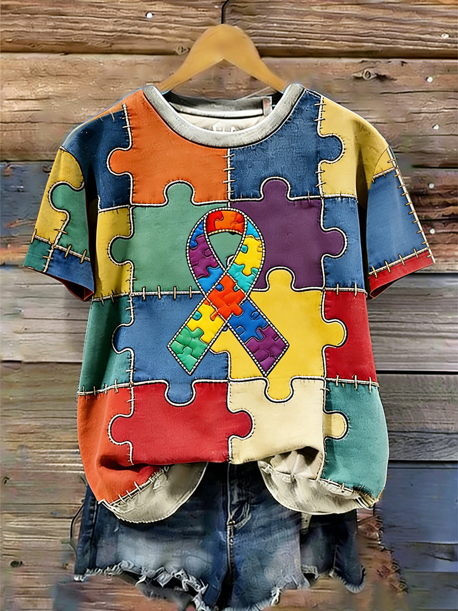 Women's Autism Awareness Print Short Sleeves T-shirt, Autism Awareness Shirt, Autistic Gifts For Adults