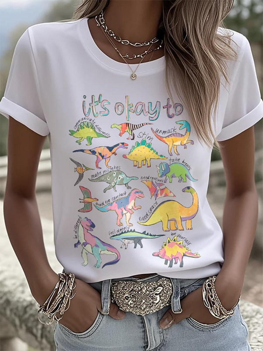 Women's It’s Ok To Be Different Autism Dinosaur Printed t-shirt, Autism Awareness Shirt, Autistic Gifts For Adults